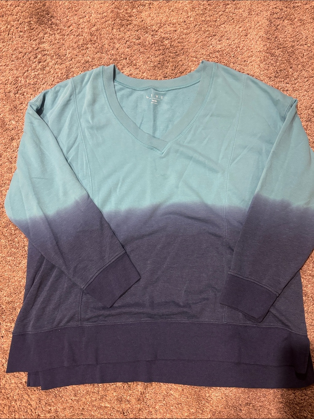 Lane Bryant LIVI Teal and Navy Ombre V-Neck Pullover NWOT